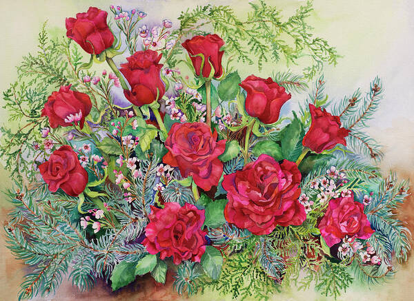 Red Roses With Evergreens Art Print featuring the painting Red Roses With Evergreens by Joanne Porter