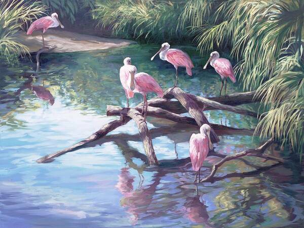 Spoonbills Art Print featuring the painting Rosette Spoonbills by Laurie Snow Hein