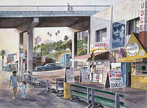 Santa Monica Pier Set In 1970's Art Print featuring the painting Santa Monica: Prominade At Sunset by Stanton Manolakas