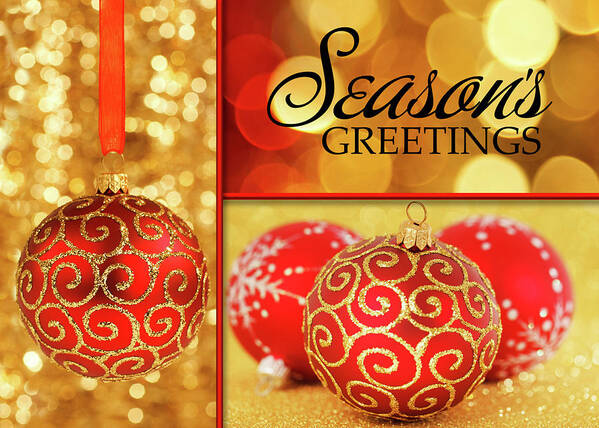 Season's Greetings Art Print featuring the digital art Season's Greetings Red and Gold Christmas Ornaments by Doreen Erhardt