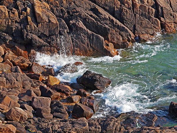 Coastal Scene Art Print featuring the photograph Seaspray On Rugged Rocks by Gill Billington