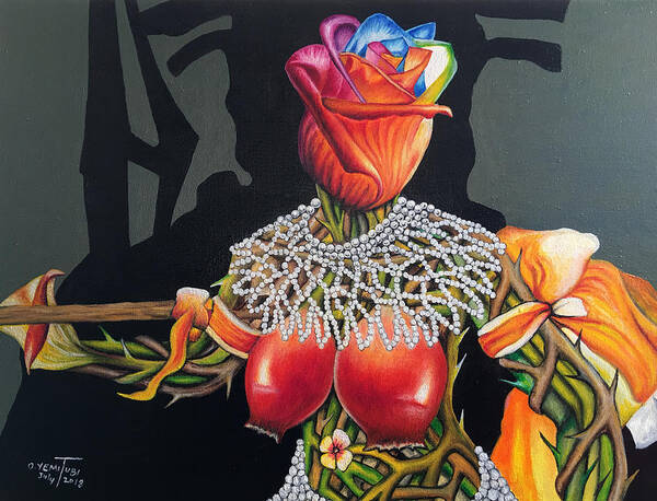 Abuse; Flowers;ladies; Metoo; Reed Dance; Roses; Thorns; Topless; Swaziland; Art Print featuring the painting Sensuality 2 The Abuse of Swazi's Queens by O Yemi Tubi
