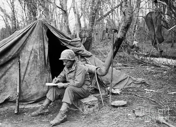 Colmar Art Print featuring the photograph Soldier Writing Letter Home by Bettmann