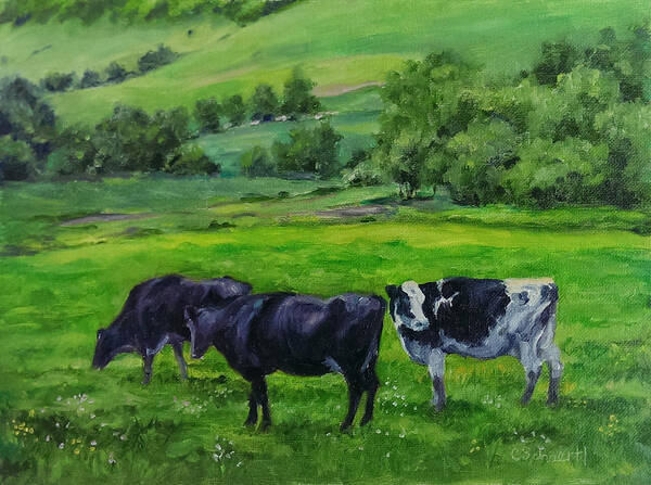 Cows Art Print featuring the painting Spring Greens by Connie Schaertl