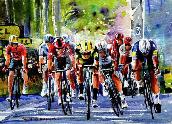 Tour De France Art Print featuring the painting Stage 10 Sprint Finish Throw by Shirley Peters