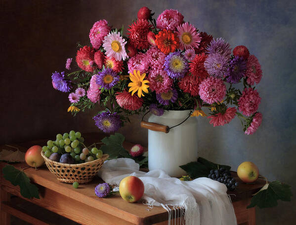 Still-life Art Print featuring the photograph Still Life With A Bouquet Of Asters And Grapes by ??????? ????????