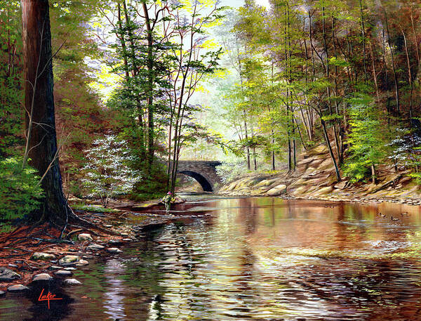 Stone Bridge In Woods Over River Art Print featuring the painting Stone Bridge by Thomas Linker