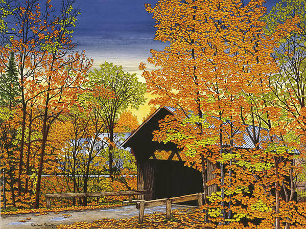 Covered Bridge With Trees Around It That Are Changing Colors Art Print featuring the mixed media Stowe Hollow Bridge by Thelma Winter