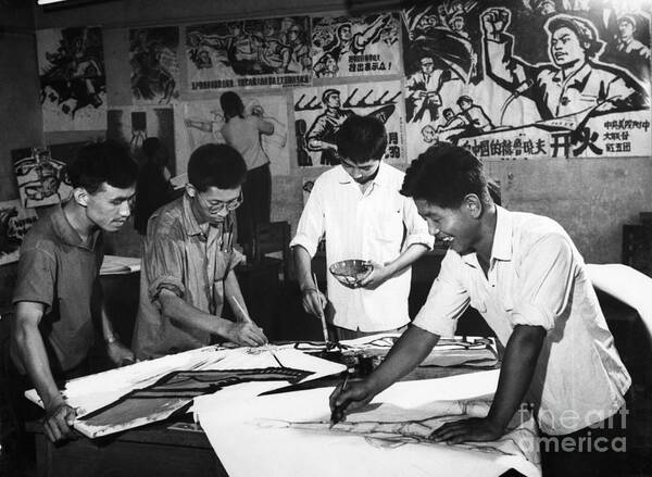 Young Men Art Print featuring the photograph Students Creating Political Posters by Bettmann