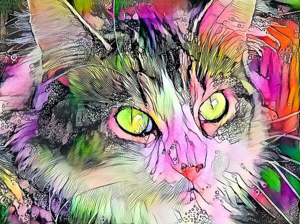Watercolor. Green Art Print featuring the digital art Stunning Watercolor Cat Face Green Eyes by Don Northup