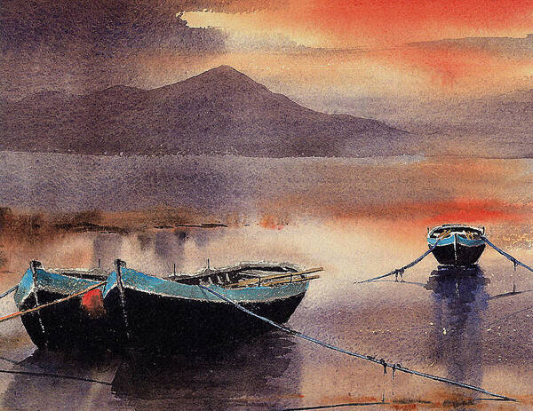Sunset Art Print featuring the painting Sunset from Roundstone, Galway by Val Byrne