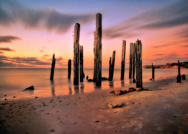 Scenics Art Print featuring the photograph Sunset On Pier Ruins by Photo Art By Mandy