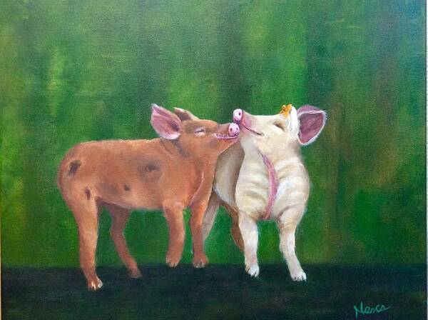 Pigs Art Print featuring the painting Swine Snuggles by Deborah Naves