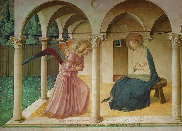 Archangel Gabriel Art Print featuring the painting The Annunciation. Fresco in the former dormitory of the Dominican monastery San Marco, Florence. by Fra Angelico -c 1395-1455-