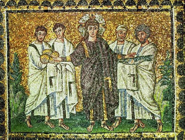 Jesus Art Print featuring the painting The multiplication of the loaves and the fishes, mosaic cycle Saint Apollinare Nuovo Ravenna 6th ... by Album