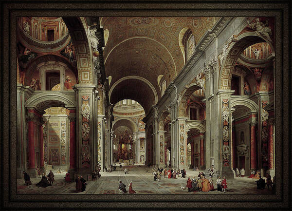 The Nave Of St. Peter's Basilica Art Print featuring the painting The Nave of St Peter's Basilica in the Vatican c1735 by Giovanni Paolo Pannini by Rolando Burbon