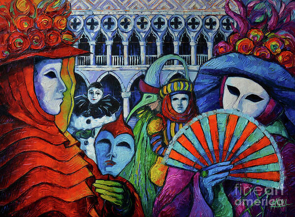 The Venice Carnival Art Print featuring the painting THE CARNIVAL OF VENICE - textural impasto palette knife oil painting Mona Edulesco by Mona Edulesco
