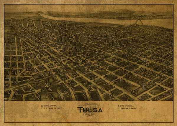 Tulsa Art Print featuring the mixed media Tulsa Oklahoma Vintage City Street Map 1918 by Design Turnpike