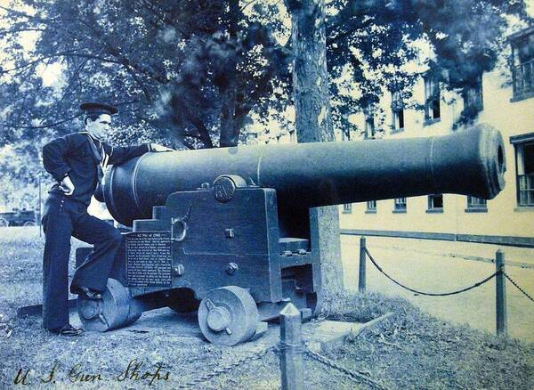 Man Art Print featuring the painting U S Navy sailor stands next to 42 pound cannon by Celestial Images