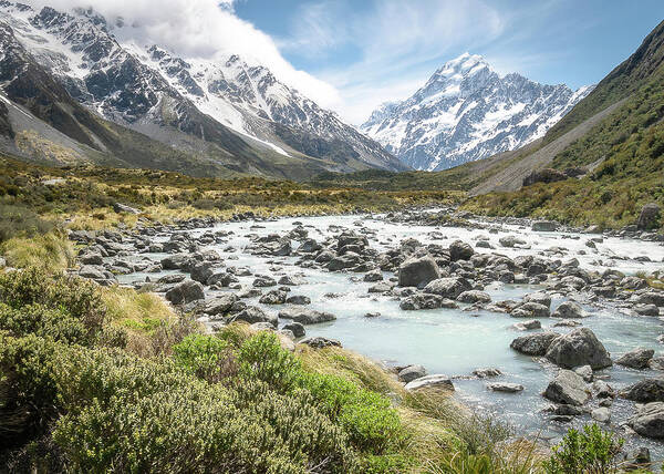 Nature Art Print featuring the photograph Alpine Valley With View On New Zealands Aoraki / Mt Cook by Peter Kolejak