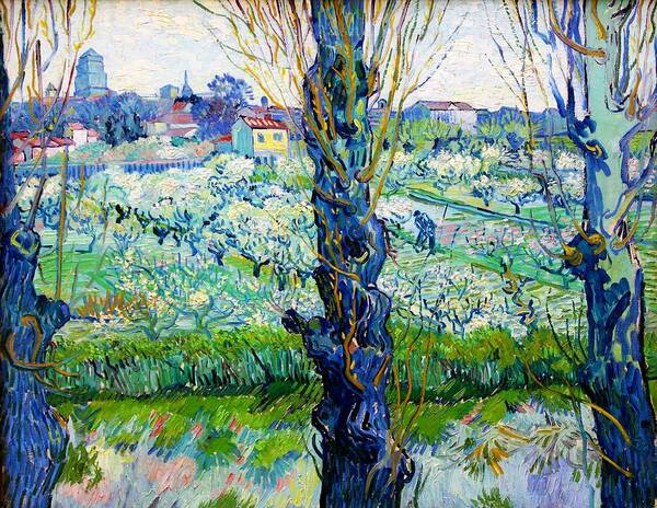 Vincent Willem Van Gogh Art Print featuring the painting View of Arles, flowering orchards - Digital Remastered Edition by Vincent van Gogh