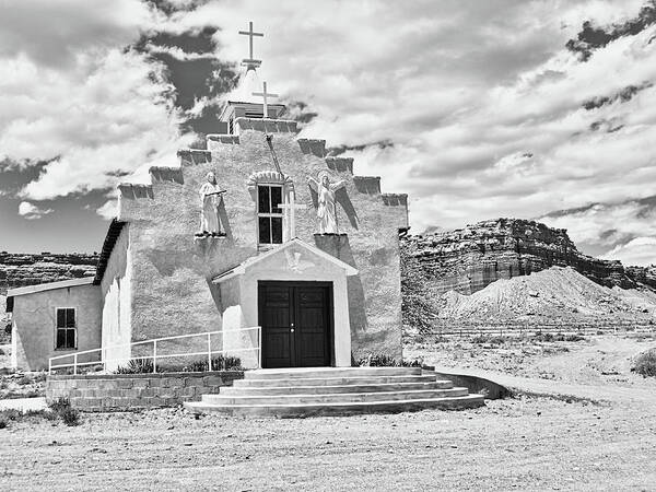 Cabezon Art Print featuring the photograph Village church 1, New Mexico, BW by Segura Shaw Photography