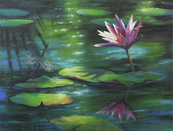 Water Lilies Art Print featuring the painting Dragonfly and Waterlily by Lynne Pittard