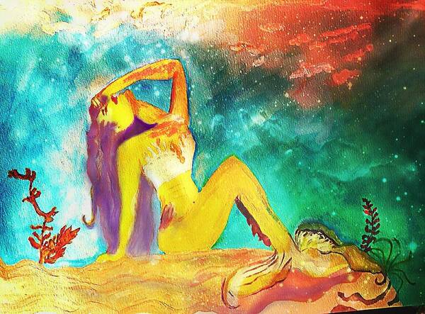 Goddess Mermaid Art Print featuring the mixed media Tiamat, Watercolor Mermaid Goddess by Pamela Smale Williams