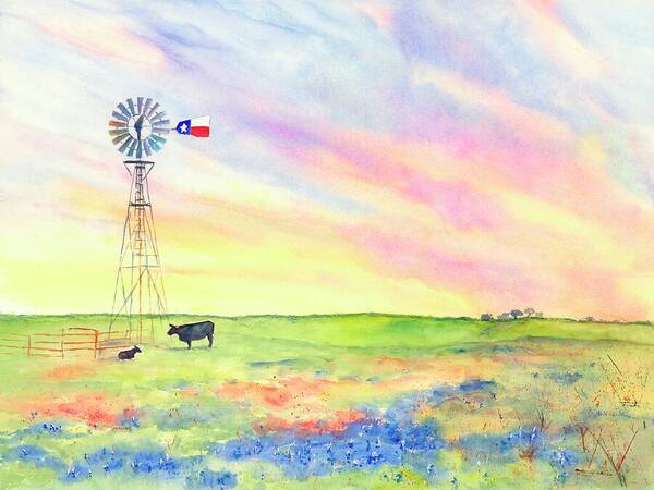 Texas Art Print featuring the painting West Texas Ranch Landscape Windmill by Carlin Blahnik CarlinArtWatercolor