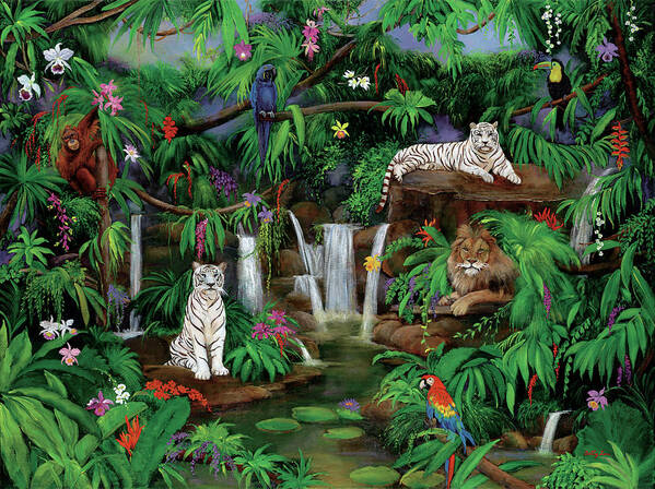 Jungle Art Print featuring the painting White Tigers by Betty Lou