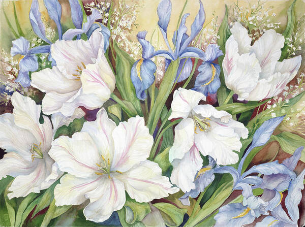 White Tulips Art Print featuring the painting White Tulips/ Blue Iris by Joanne Porter