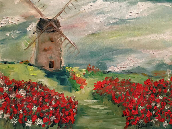 Windmill Art Print featuring the painting Windmill in a Poppy Field by Roxy Rich