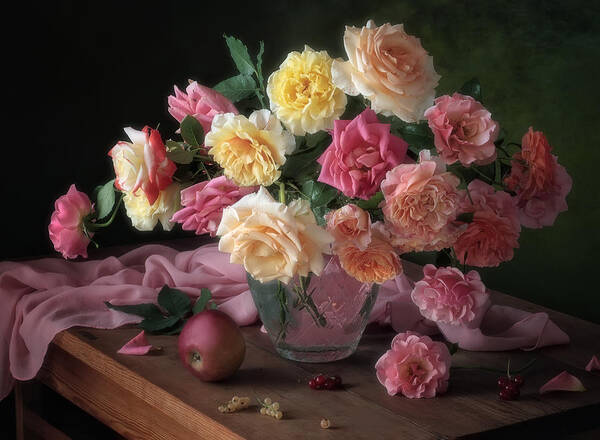 Bouquet Art Print featuring the photograph With A Bouquet Of Garden Roses by Tatyana Skorokhod (??????? ????????)