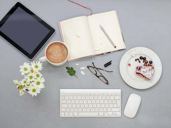 Computer Mouse Art Print featuring the photograph Working Desk With Objects by Ozgur Donmaz