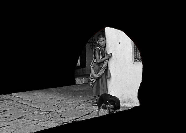 Black&white
Monk
Buddhisme
Buddhist Monk
Monastery
Punakha
Bhutan
Tradition
Culture
Chimi Lhakhang Art Print featuring the photograph Young Buddhist Monk With Dog by Giorgio Pizzocaro