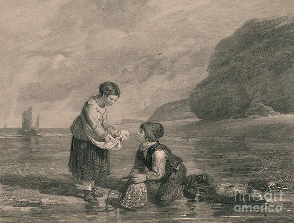 Engraving Art Print featuring the drawing Young Shrimp Catchers by Print Collector