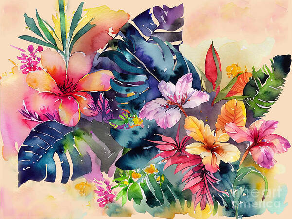 Hibiscus Art Print featuring the digital art Hawaiian Hibiscus Garden #1 by J Marielle
