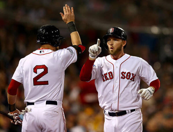 Playoffs Art Print featuring the photograph Jacoby Ellsbury and Stephen Drew #1 by Elsa