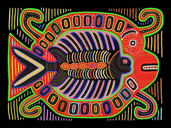 Mola Flying Fish Art Print featuring the digital art Kuna Indian Pescado Mola #1 by Vagabond Folk Art - Virginia Vivier