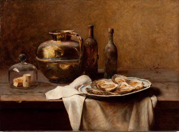 E Art Print featuring the painting Oysters and Copperware #1 by Pedro Alexandrino Borges