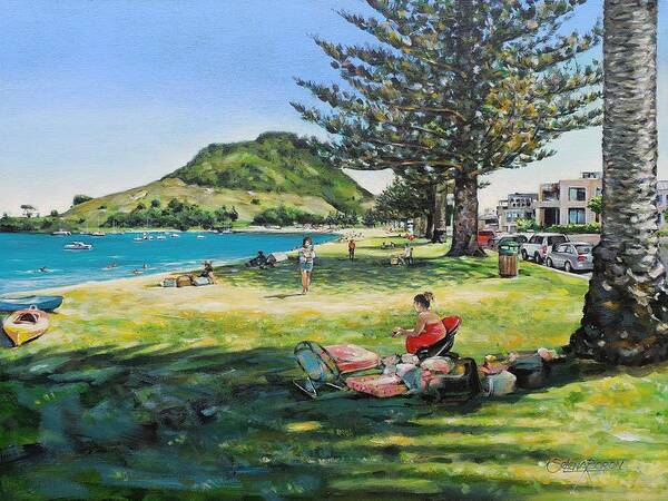 Seascape Art Print featuring the painting Pilot Bay Mount Maunganui 070221 #1 by Selena Boron