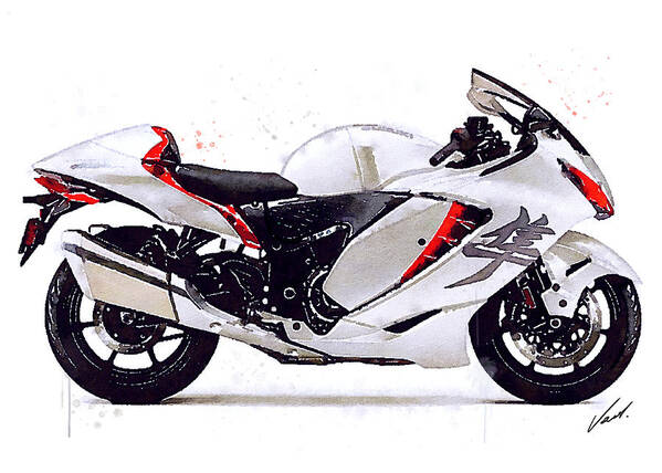 Sport Art Print featuring the painting Watercolor Suzuki Hayabusa GSX 1300R motorcycle - oryginal artwork by Vart. #1 by Vart Studio