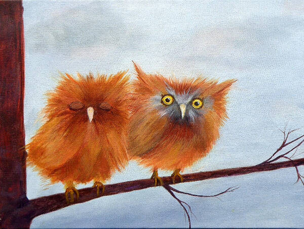 Baby Owls Art Print featuring the painting ZzzzWhat? by Deborah Naves