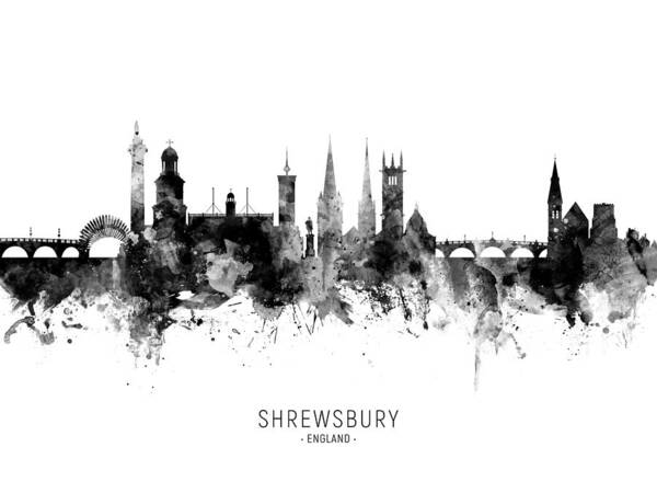 Shrewsbury Art Print featuring the digital art Shrewsbury England Skyline #10 by Michael Tompsett
