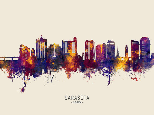 Sarasota Art Print featuring the digital art Sarasota Florida Skyline #12 by Michael Tompsett