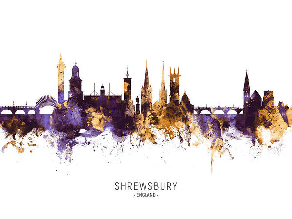 Shrewsbury Art Print featuring the digital art Shrewsbury England Skyline #13 by Michael Tompsett