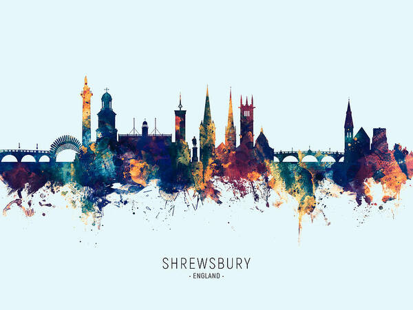 Shrewsbury Art Print featuring the digital art Shrewsbury England Skyline #14 by Michael Tompsett