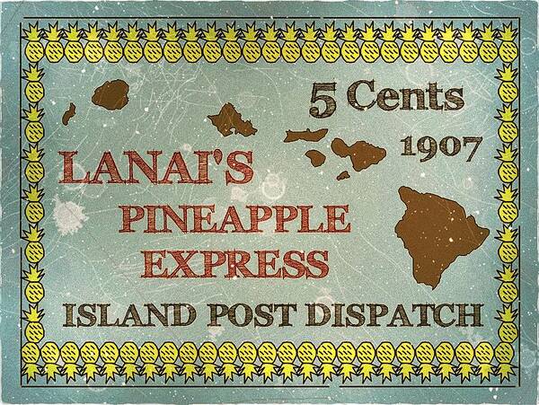 Cinderellas Art Print featuring the digital art 1907 Lanai's Pineapple Express - 5cts. Blue Dispatch - Mail Art Post by Fred Larucci