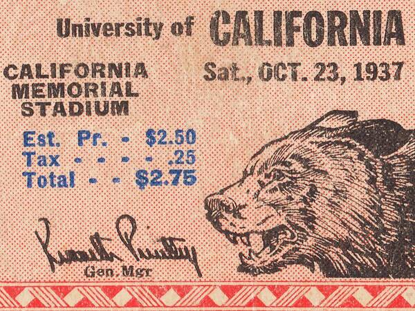 California Art Print featuring the mixed media 1937 Cal Bears Football Ticket Remix Art by Row One Brand