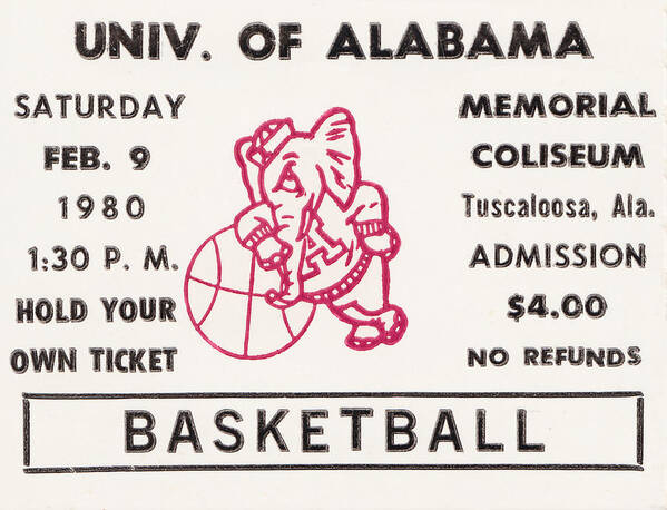 Alabama Art Print featuring the mixed media 1980 Alabama Basketball Ticket Stub Art by Row One Brand